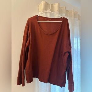 American Eagle Rust Waffle-Knit V-Neck Top